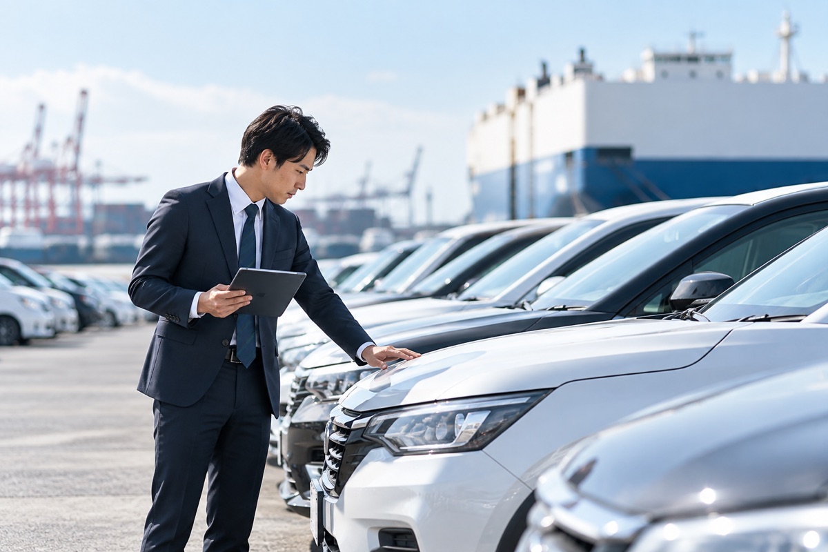 港のヤードに並ぶ中古車を、タブレットを手に確認するスタッフ
